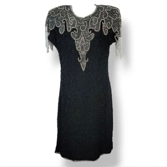 NEW 80s Vintage Lawrence Kazar 100% Silk Beaded and Pearls Evening Gown in Black - Picture 7 of 14